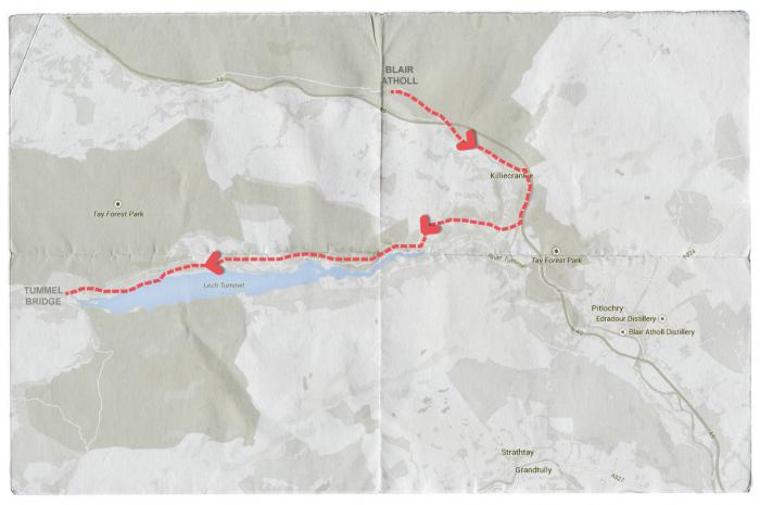 Map of Mendelssohn's Journey from Blair Atholl to Tummell Bridge