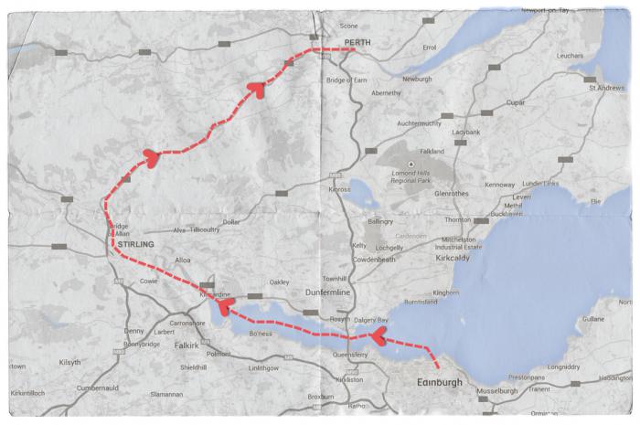 Map of Mendelssohn's Journey from Edinburgh to Perth via Stirling